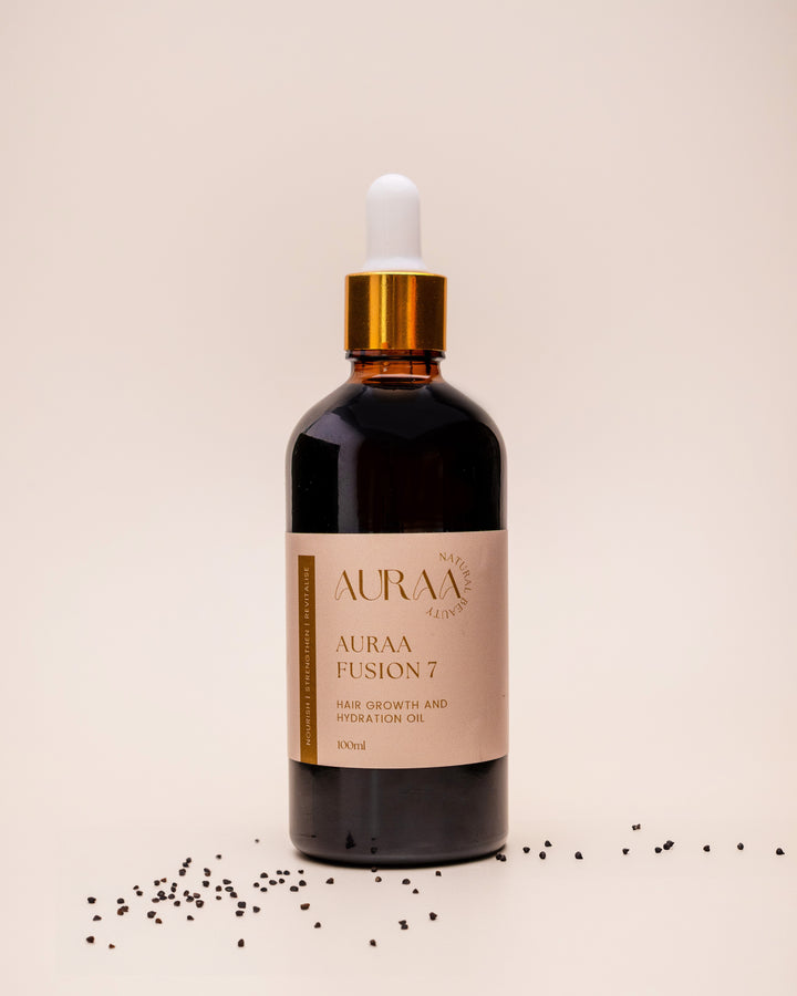Auraa Fusion 7 hair oil bottle - natural hair growth oil, made in Australia